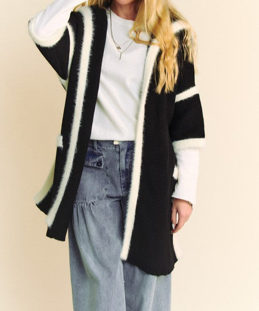 Fuzzy Trim Open Front Loose Fit Cardigan