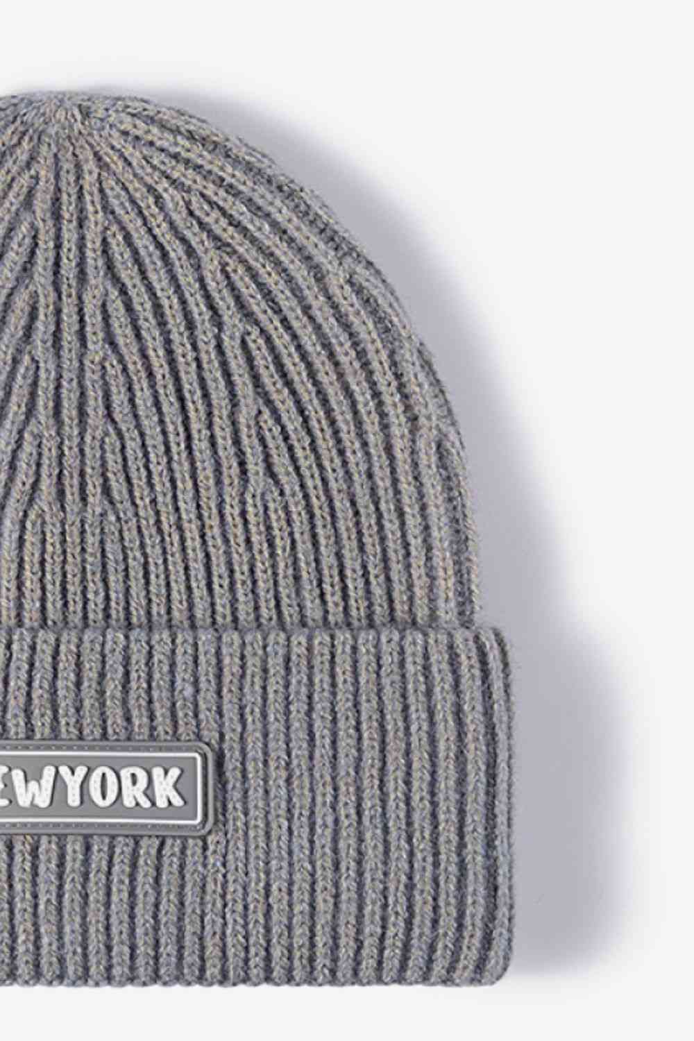 NEW YORK Patch Rib-Knit Cuffed Beanie