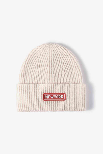 NEW YORK Patch Rib-Knit Cuffed Beanie