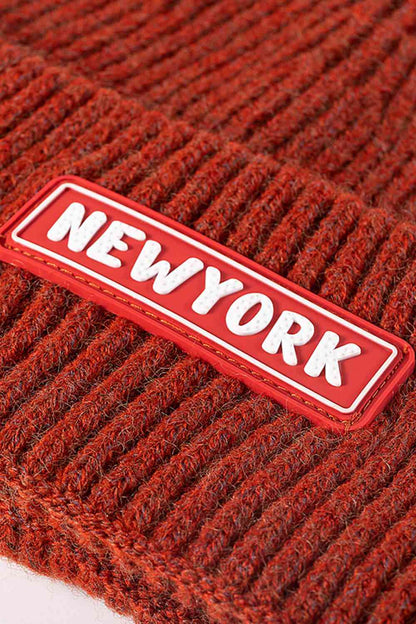 NEW YORK Patch Rib-Knit Cuffed Beanie