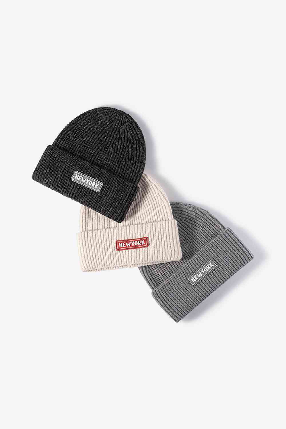 NEW YORK Patch Rib-Knit Cuffed Beanie