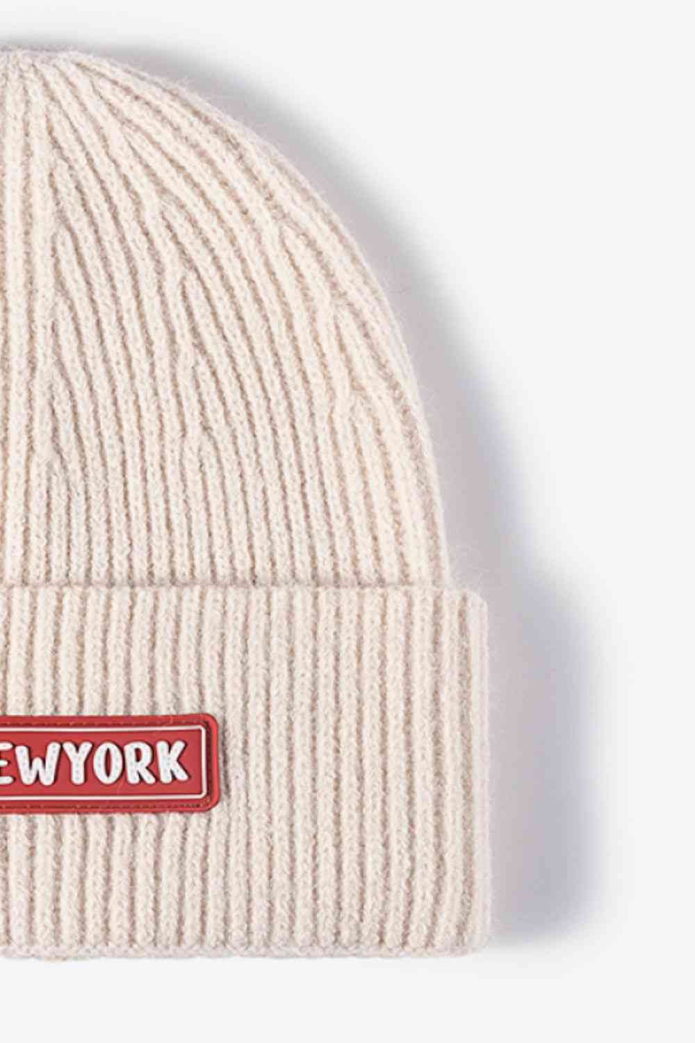 NEW YORK Patch Rib-Knit Cuffed Beanie