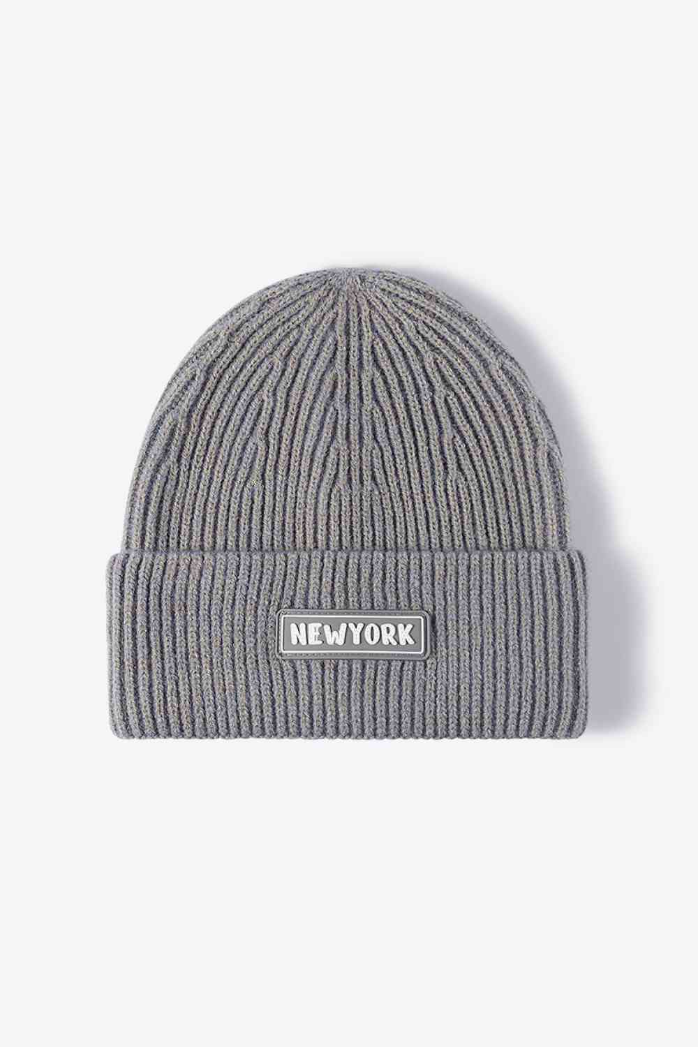 NEW YORK Patch Rib-Knit Cuffed Beanie