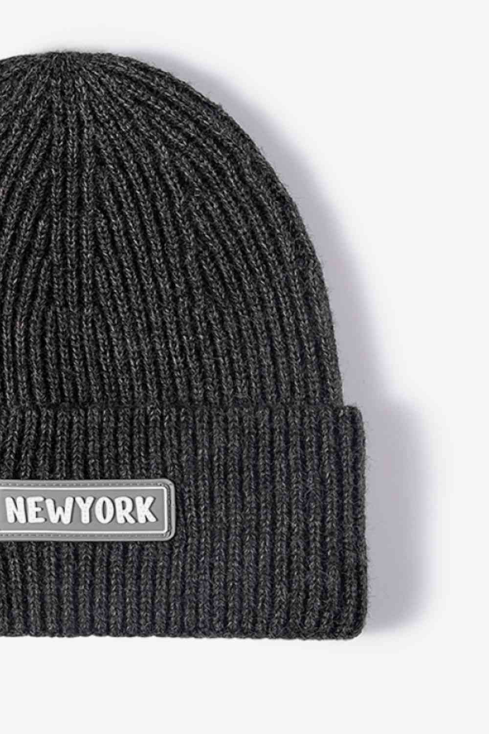 NEW YORK Patch Rib-Knit Cuffed Beanie