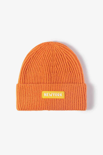 NEW YORK Patch Rib-Knit Cuffed Beanie