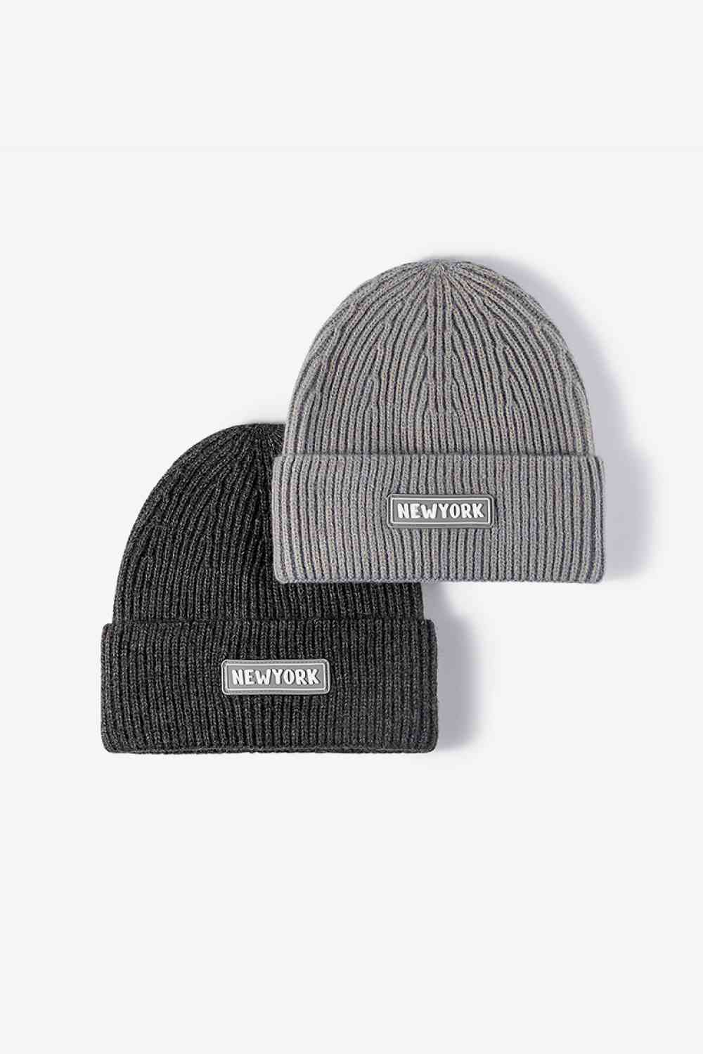 NEW YORK Patch Rib-Knit Cuffed Beanie