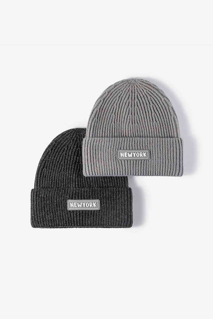 NEW YORK Patch Rib-Knit Cuffed Beanie