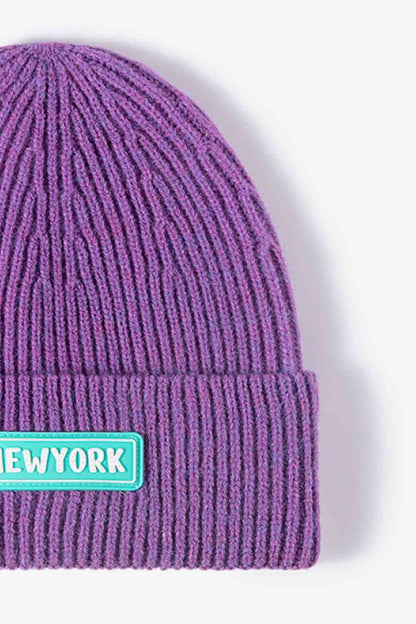 NEW YORK Patch Rib-Knit Cuffed Beanie