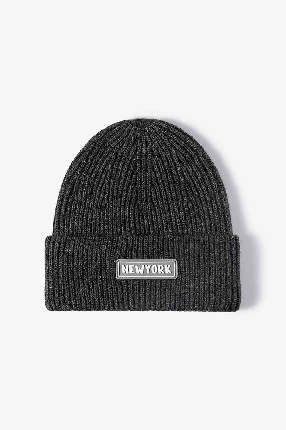 NEW YORK Patch Rib-Knit Cuffed Beanie