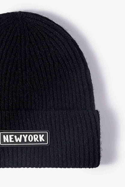 NEW YORK Patch Rib-Knit Cuffed Beanie