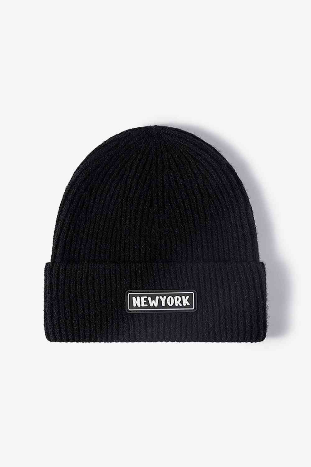 NEW YORK Patch Rib-Knit Cuffed Beanie